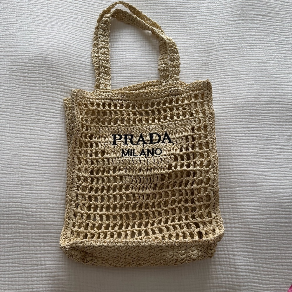 Faux Beige Crochet Open-Weave Tote with Black Logo